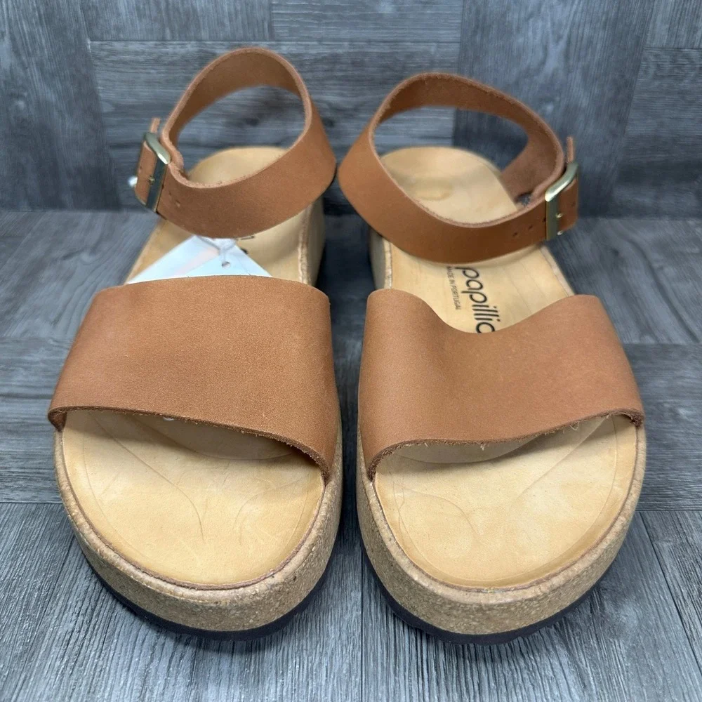 Papillio Sandals Womens 8 Cognac Brown Leather Platform Chunky Ankle Strap NEW